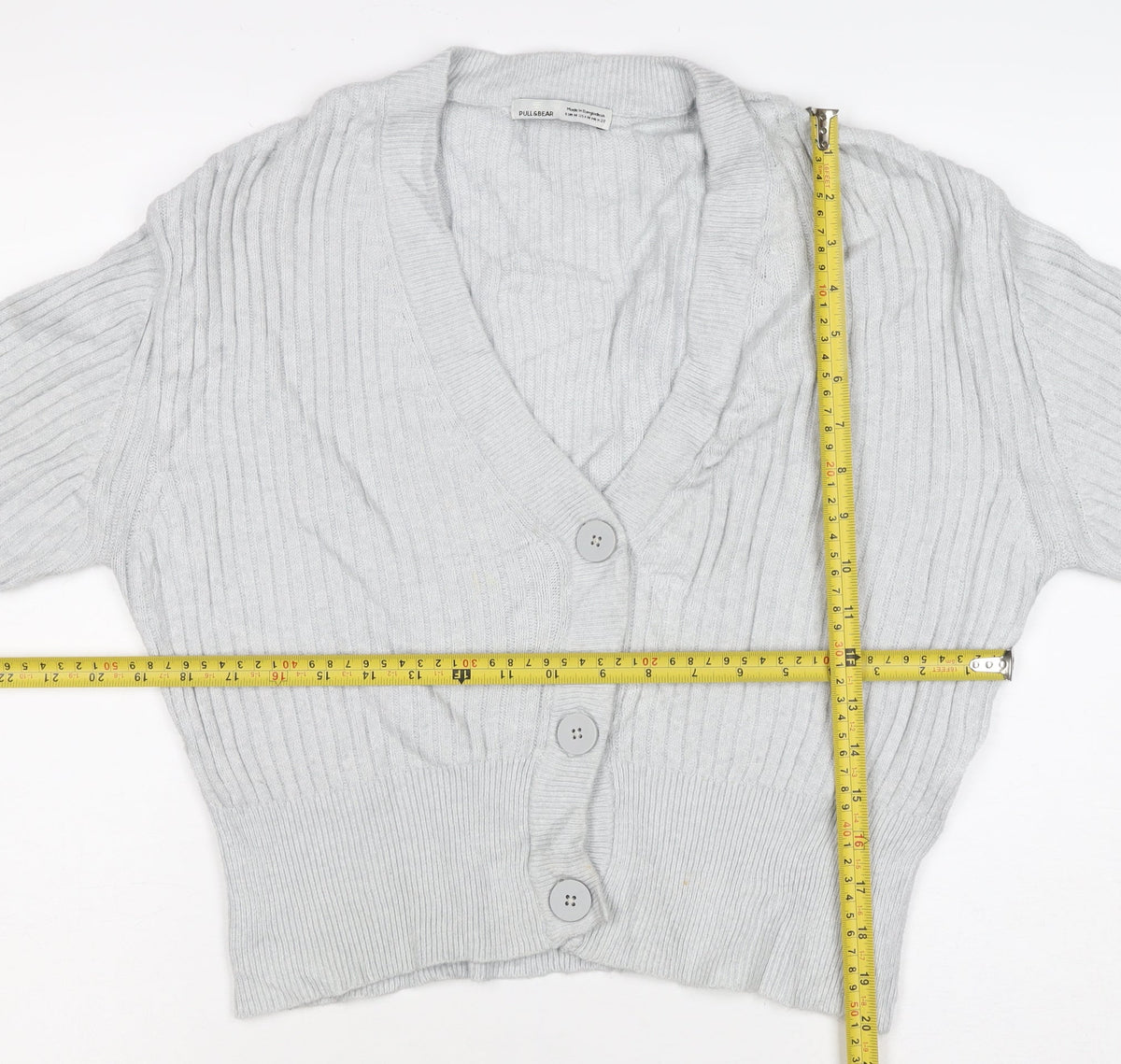 Pull&Bear Women Grey UK 12 Cable Knit V-Neck Button Cardigan