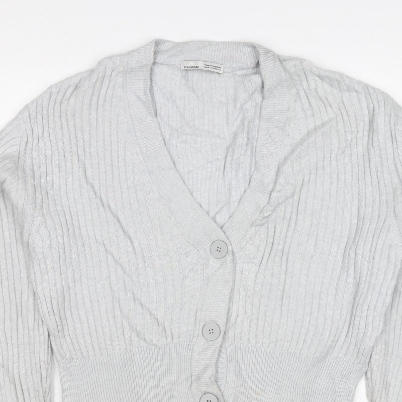 Pull&Bear Women Grey UK 12 Cable Knit V-Neck Button Cardigan