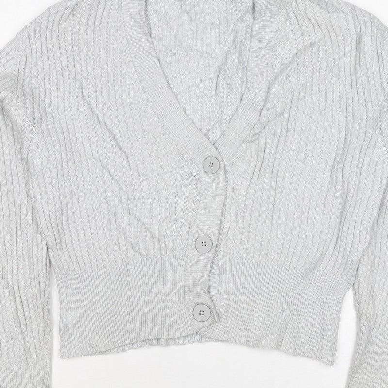 Pull&Bear Women Grey UK 12 Cable Knit V-Neck Button Cardigan