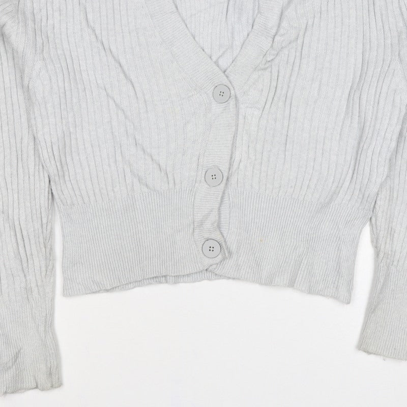 Pull&Bear Women Grey UK 12 Cable Knit V-Neck Button Cardigan