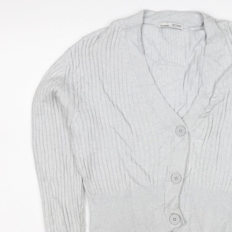 Pull&Bear Women Grey UK 12 Cable Knit V-Neck Button Cardigan