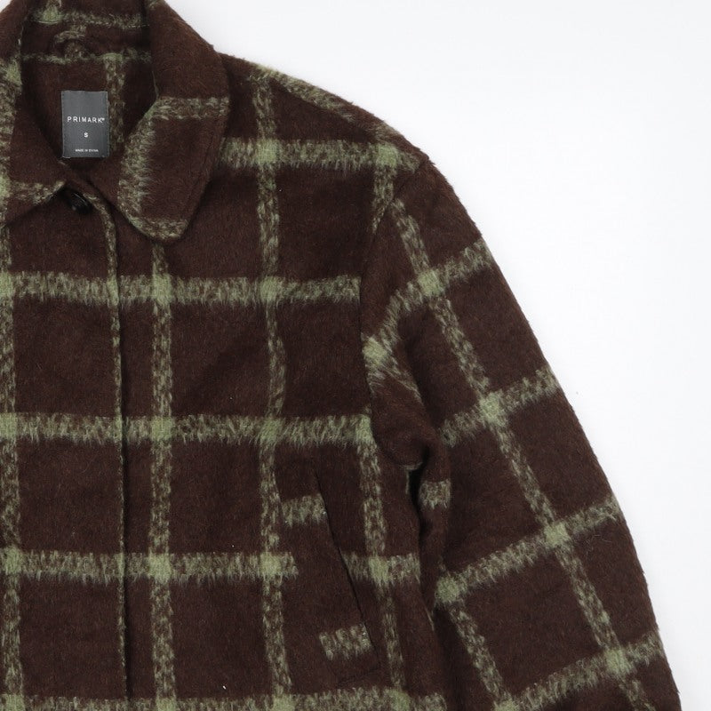 Primark Women Brown Green Check Cropped Fleece Jacket Size S
