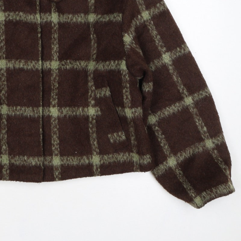 Primark Women Brown Green Check Cropped Fleece Jacket Size S