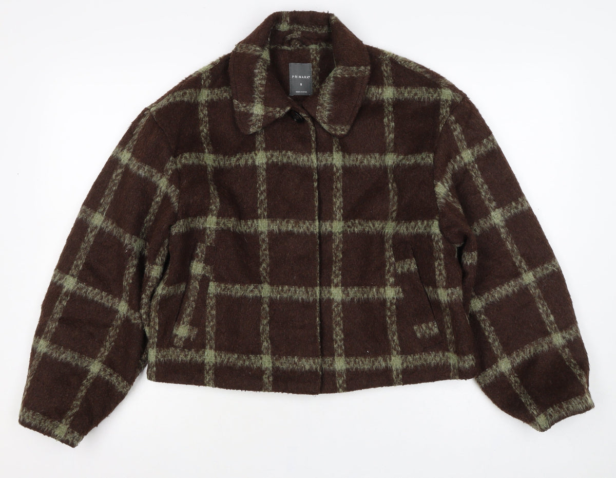 Primark Women Brown Green Check Cropped Fleece Jacket Size S