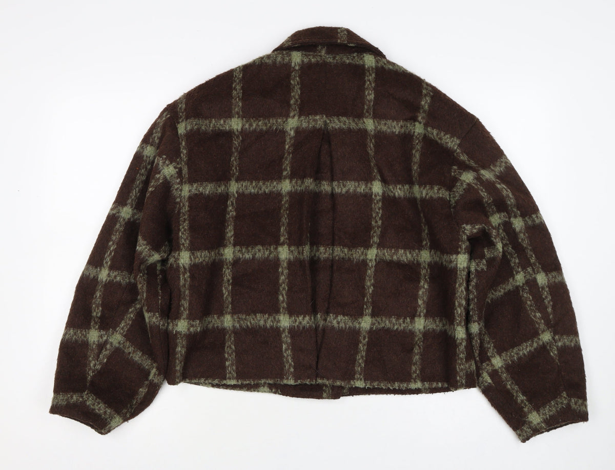 Primark Women Brown Green Check Cropped Fleece Jacket Size S