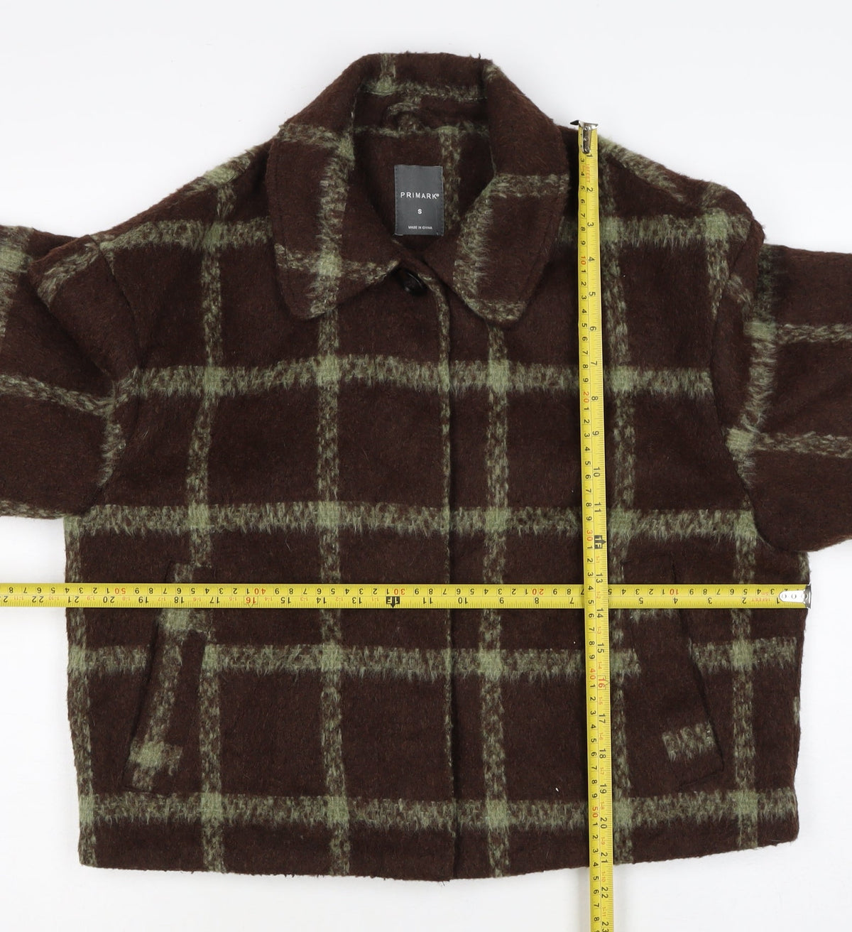 Primark Women Brown Green Check Cropped Fleece Jacket Size S