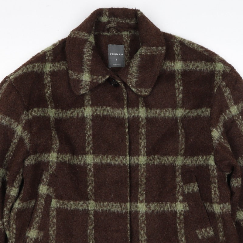 Primark Women Brown Green Check Cropped Fleece Jacket Size S