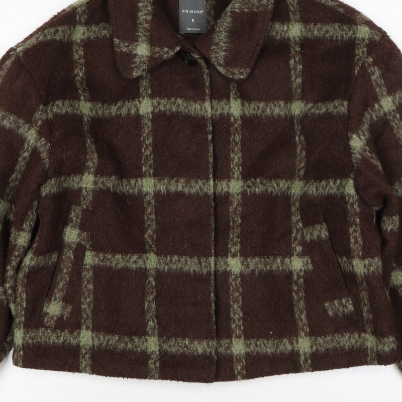 Primark Women Brown Green Check Cropped Fleece Jacket Size S