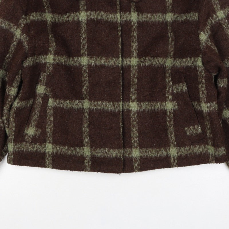 Primark Women Brown Green Check Cropped Fleece Jacket Size S