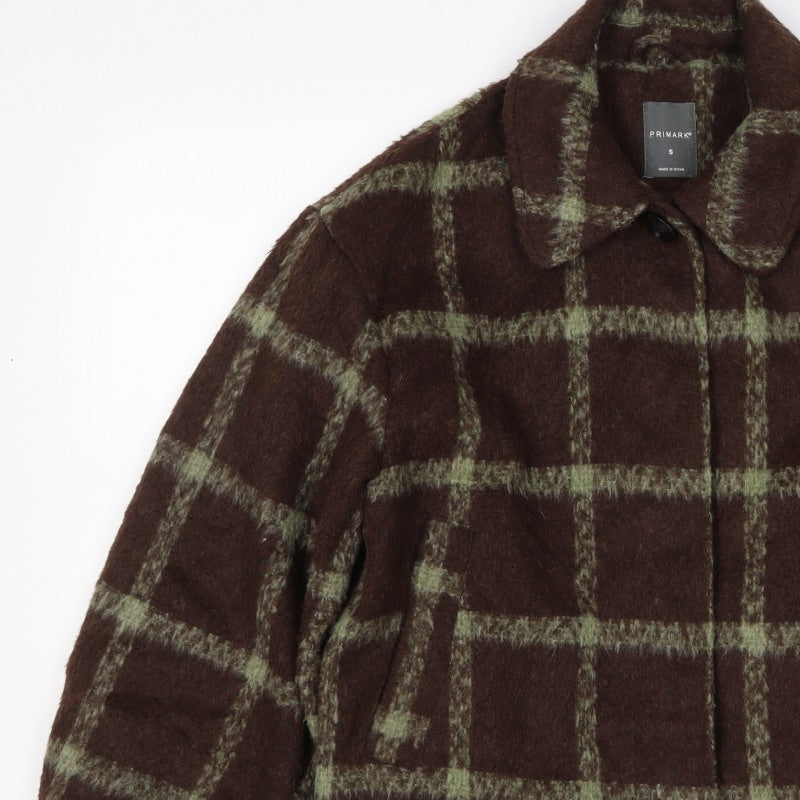 Primark Women Brown Green Check Cropped Fleece Jacket Size S