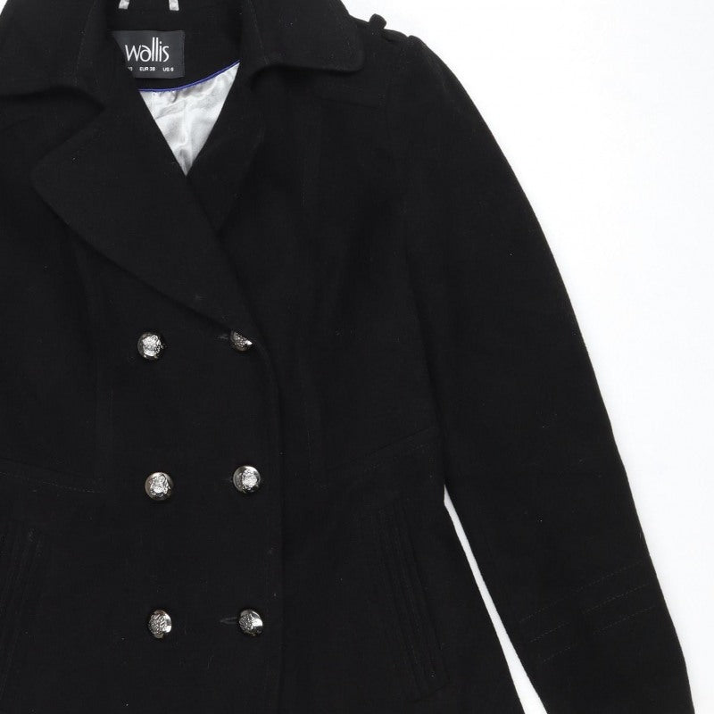 Wallis Women Black UK 10 Pea Coat Double Breasted Military Buttons
