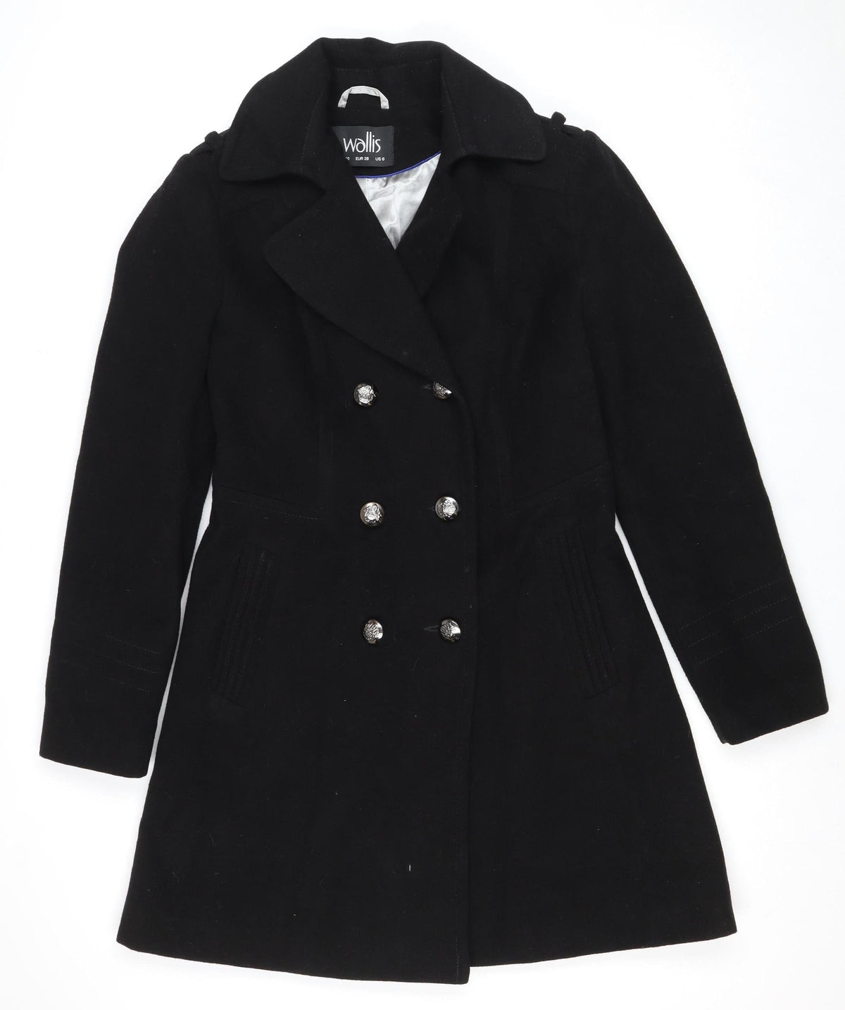 Wallis Women Black UK 10 Pea Coat Double Breasted Military Buttons