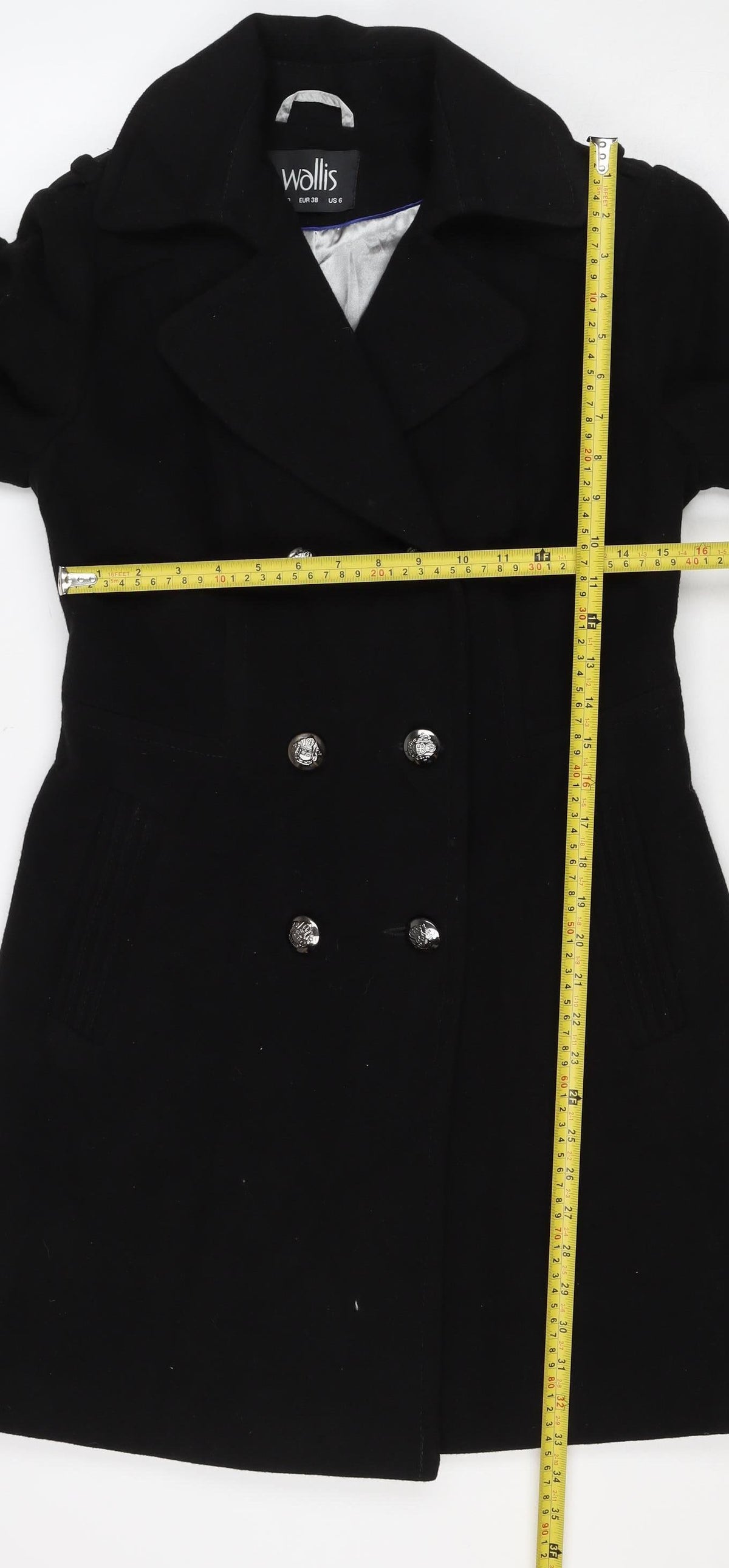 Wallis Women Black UK 10 Pea Coat Double Breasted Military Buttons