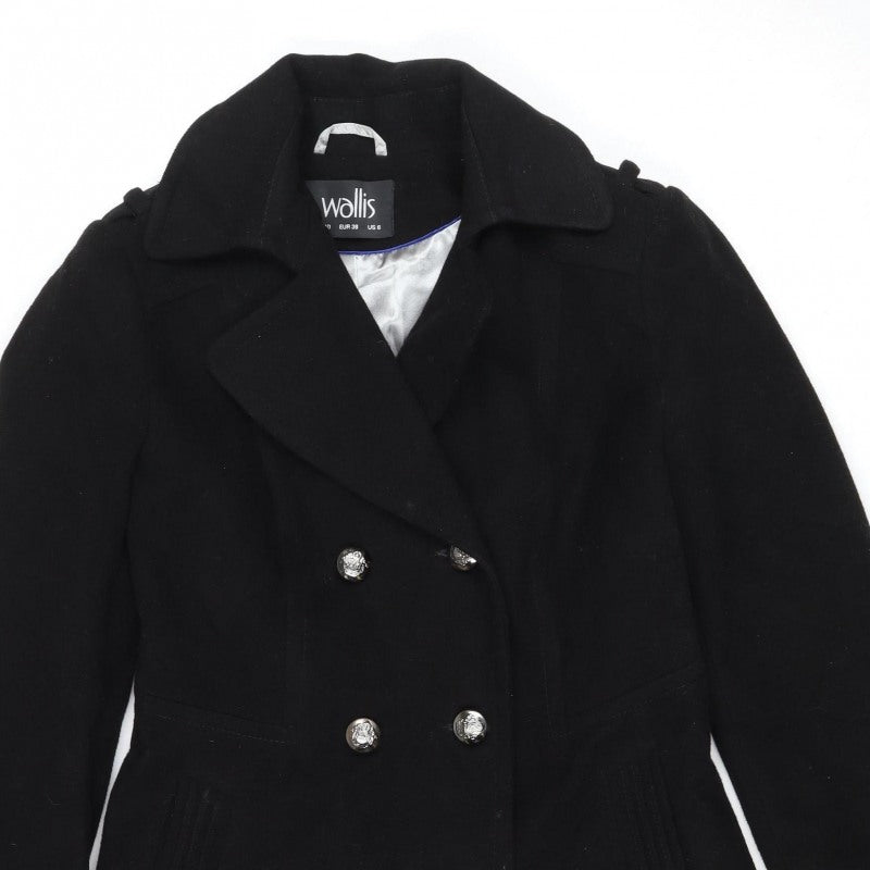 Wallis Women Black UK 10 Pea Coat Double Breasted Military Buttons