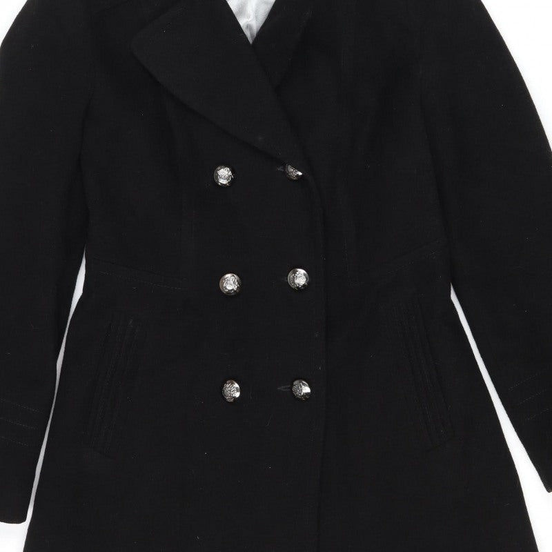 Wallis Women Black UK 10 Pea Coat Double Breasted Military Buttons