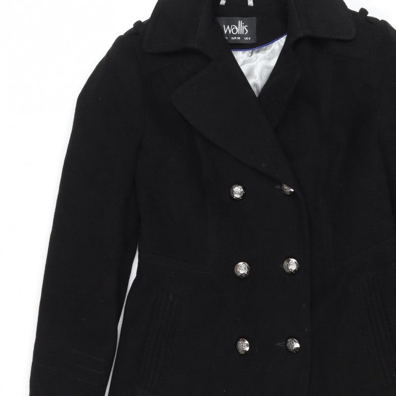 Wallis Women Black UK 10 Pea Coat Double Breasted Military Buttons