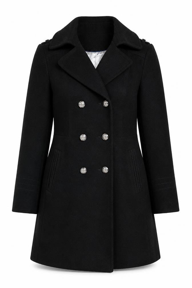 Wallis Women Black UK 10 Pea Coat Double Breasted Military Buttons
