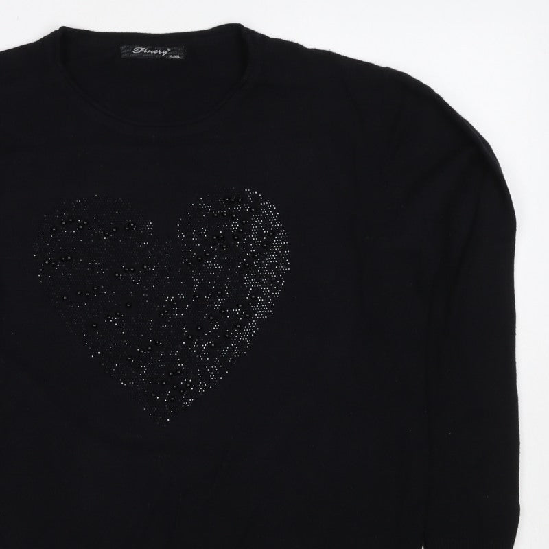Finery Women’s Black XL Heart Beaded Rhinestone Knit Pullover Jumper