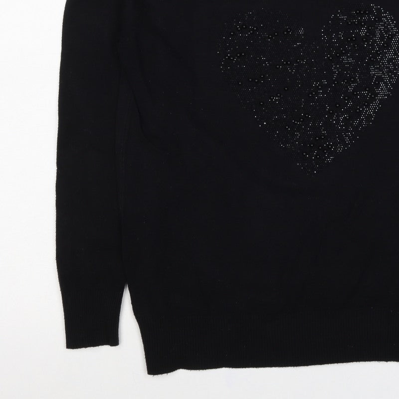 Finery Women’s Black XL Heart Beaded Rhinestone Knit Pullover Jumper