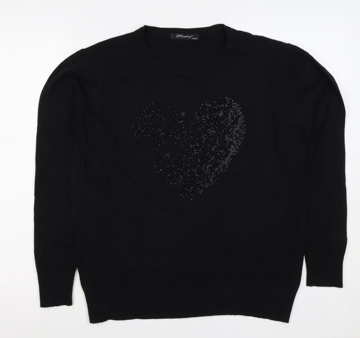 Finery Women’s Black XL Heart Beaded Rhinestone Knit Pullover Jumper