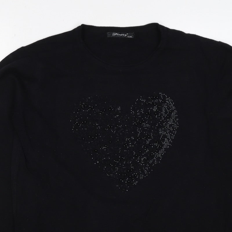Finery Women’s Black XL Heart Beaded Rhinestone Knit Pullover Jumper