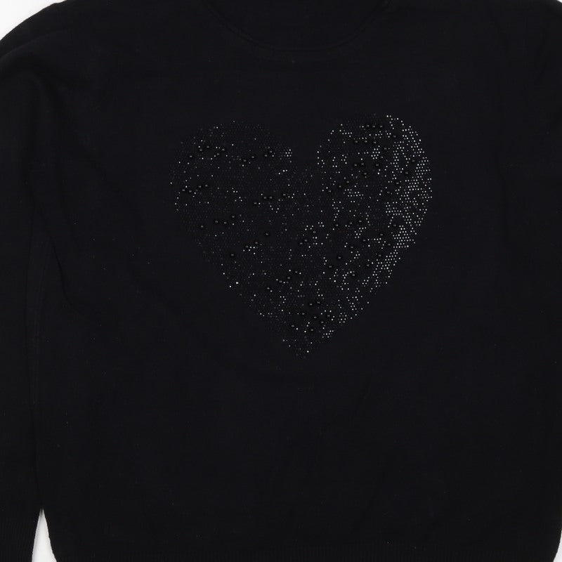 Finery Women’s Black XL Heart Beaded Rhinestone Knit Pullover Jumper