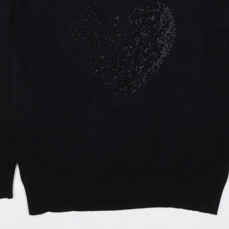 Finery Women’s Black XL Heart Beaded Rhinestone Knit Pullover Jumper