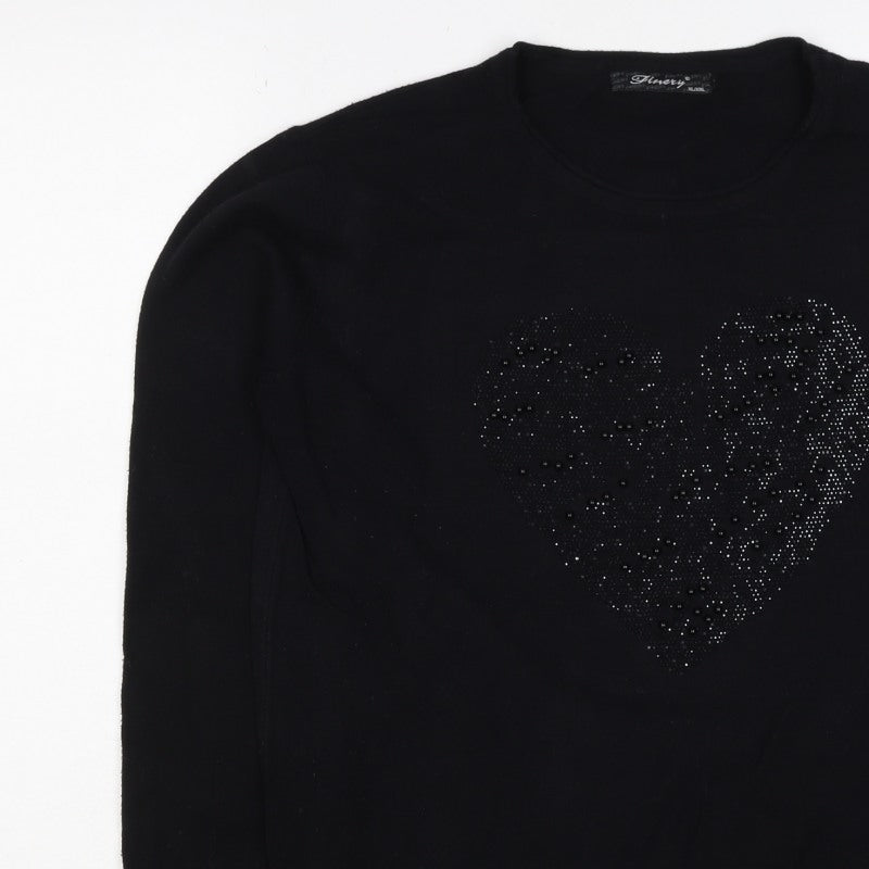 Finery Women’s Black XL Heart Beaded Rhinestone Knit Pullover Jumper