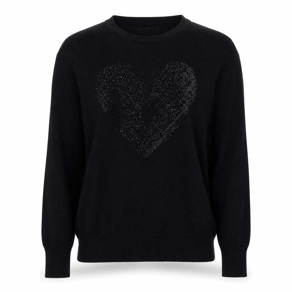 Finery Women’s Black XL Heart Beaded Rhinestone Knit Pullover Jumper