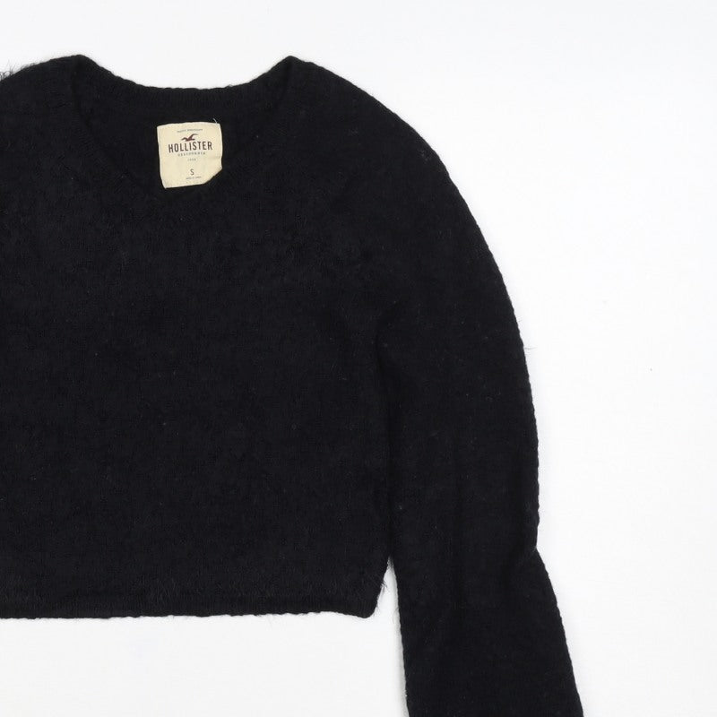 Hollister Women’s Black S V-Neck Fuzzy Knit Pullover Jumper