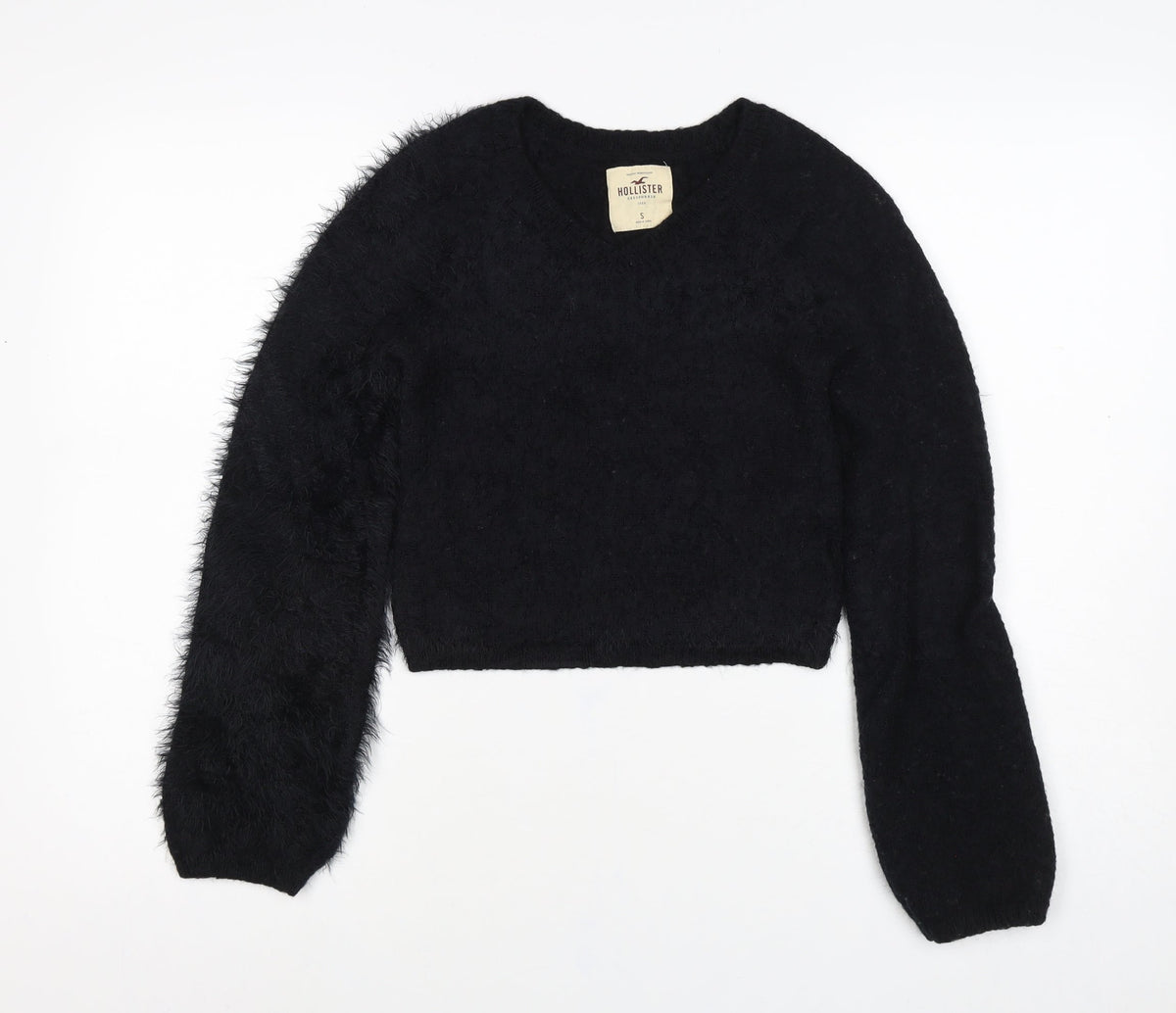 Hollister Women’s Black S V-Neck Fuzzy Knit Pullover Jumper