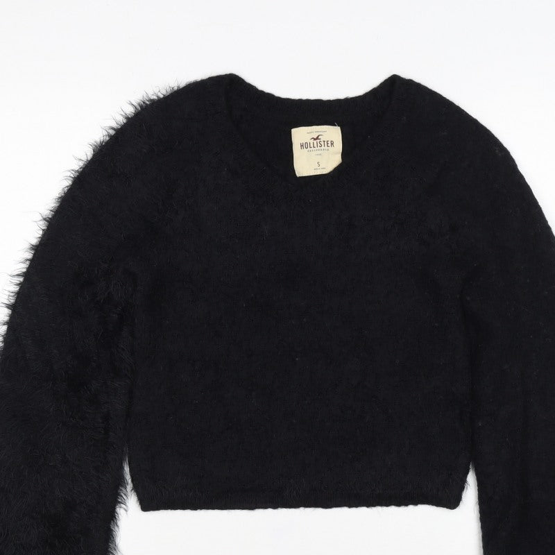 Hollister Women’s Black S V-Neck Fuzzy Knit Pullover Jumper