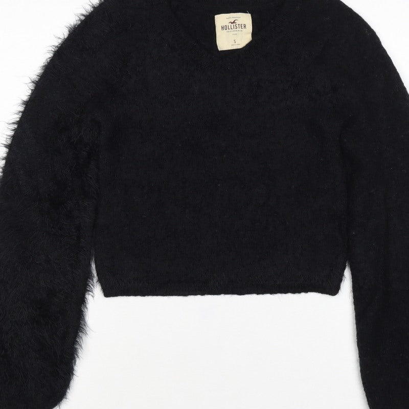 Hollister Women’s Black S V-Neck Fuzzy Knit Pullover Jumper