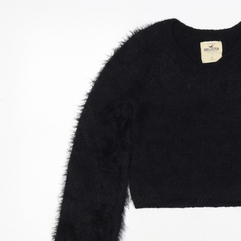 Hollister Women’s Black S V-Neck Fuzzy Knit Pullover Jumper