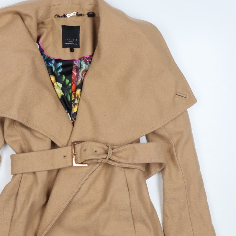 Ted Baker Women Beige UK 10 Wool Cashmere Belted Wrap Coat