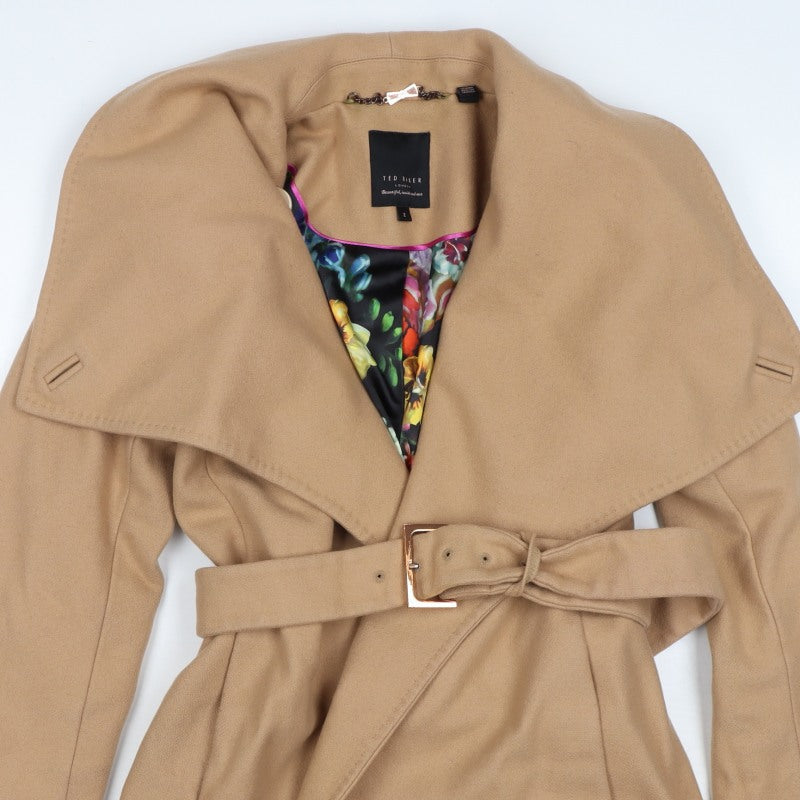 Ted Baker Women Beige UK 10 Wool Cashmere Belted Wrap Coat