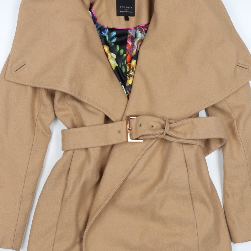 Ted Baker Women Beige UK 10 Wool Cashmere Belted Wrap Coat