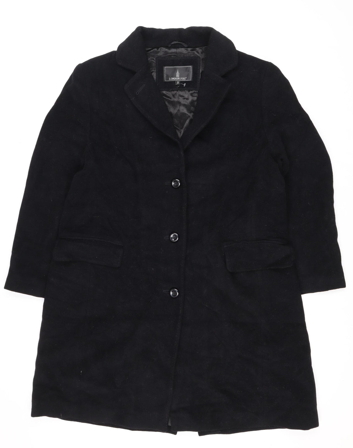 London Fog Women's Black UK 10 Petite Wool Long Button Overcoat