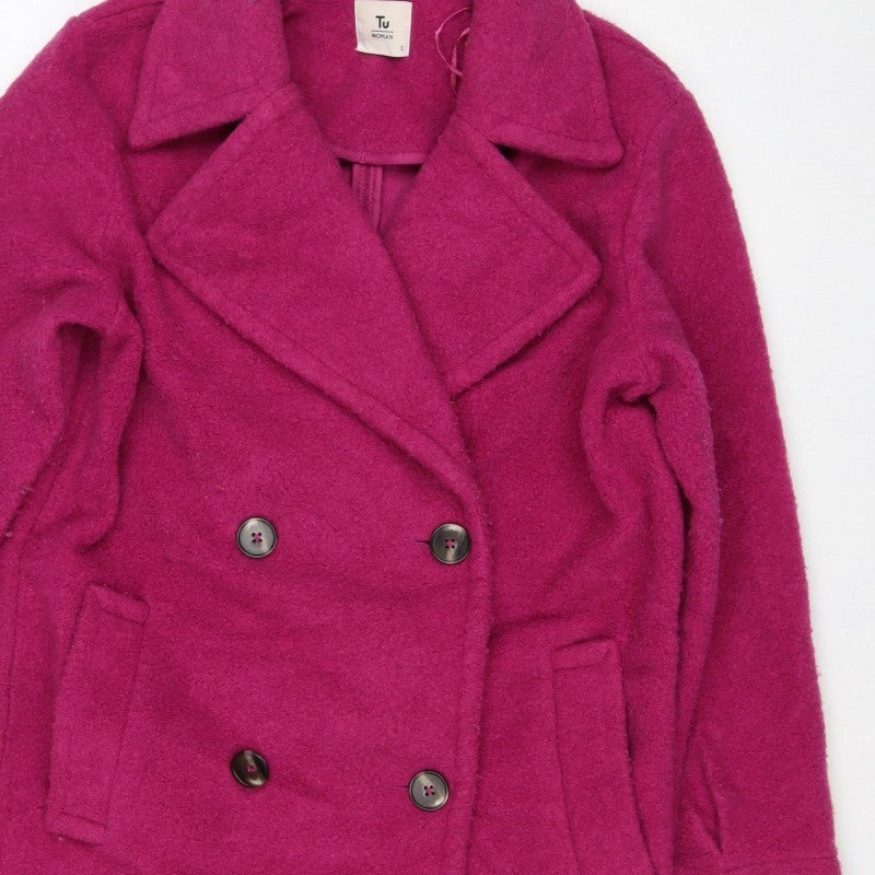 TU Women’s Pink Size S Double-Breasted Pea Coat Fleece Button Jacket