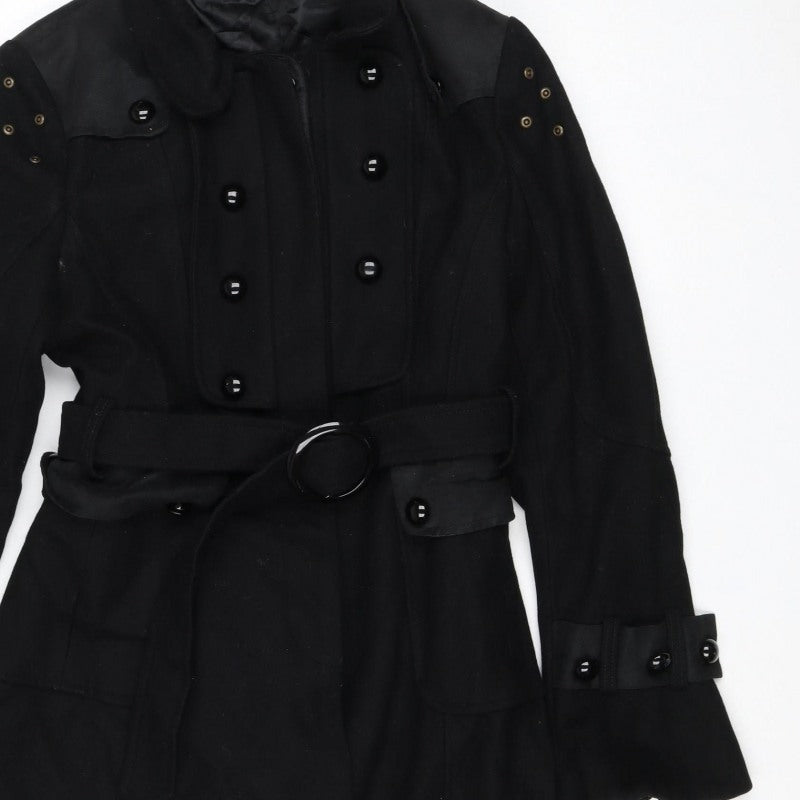 T.Sega Women’s Black Size 10 Military Belted Long Wool Blend Coat