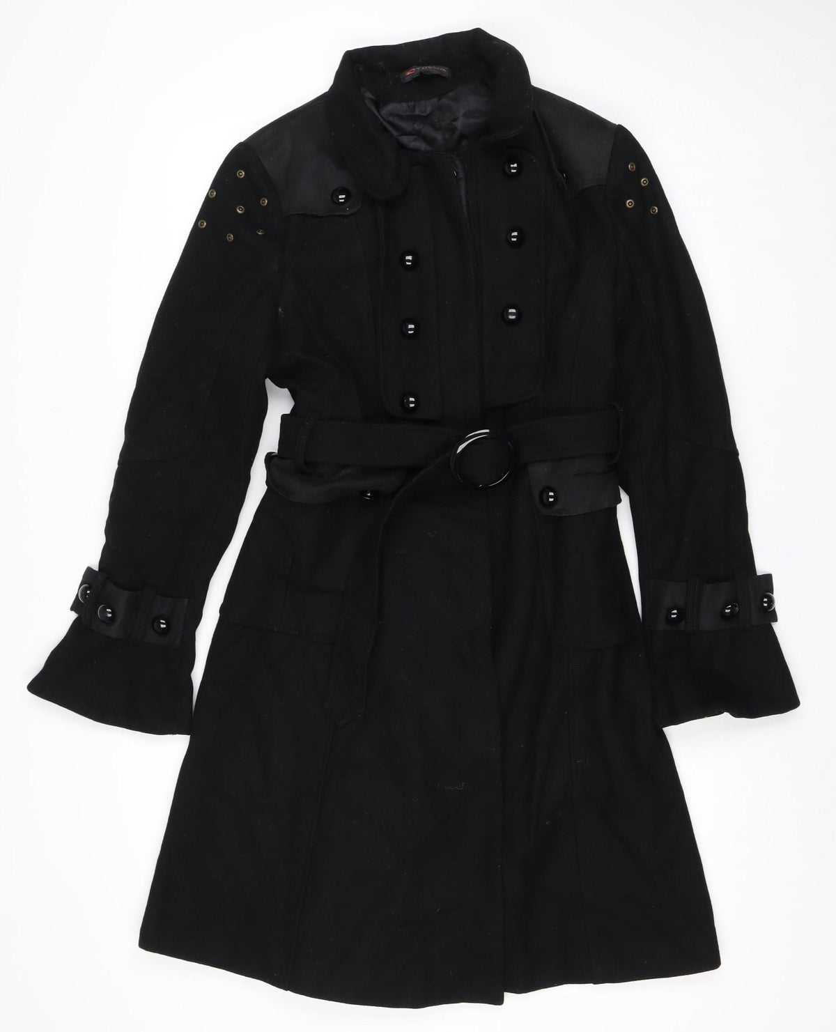T.Sega Women’s Black Size 10 Military Belted Long Wool Blend Coat