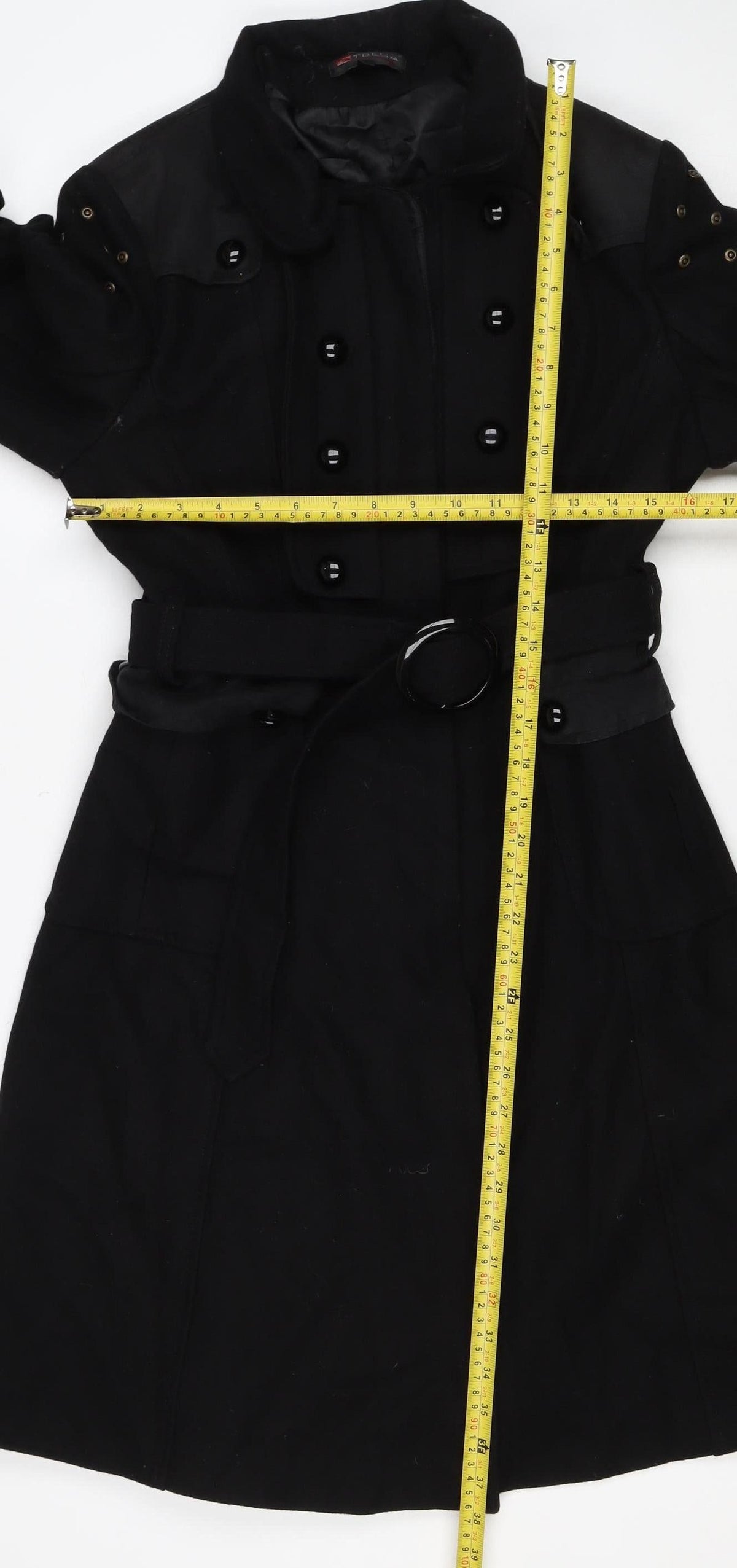T.Sega Women’s Black Size 10 Military Belted Long Wool Blend Coat