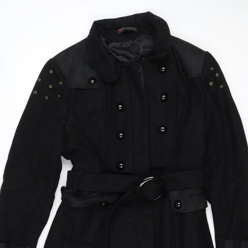 T.Sega Women’s Black Size 10 Military Belted Long Wool Blend Coat