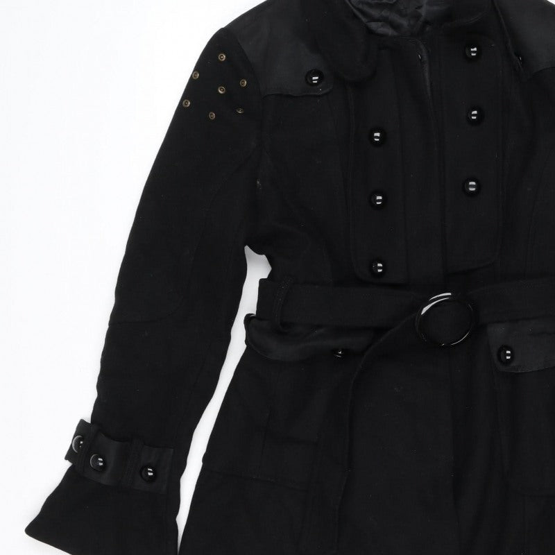 T.Sega Women’s Black Size 10 Military Belted Long Wool Blend Coat