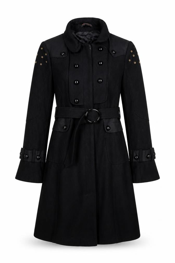 T.Sega Women’s Black Size 10 Military Belted Long Wool Blend Coat