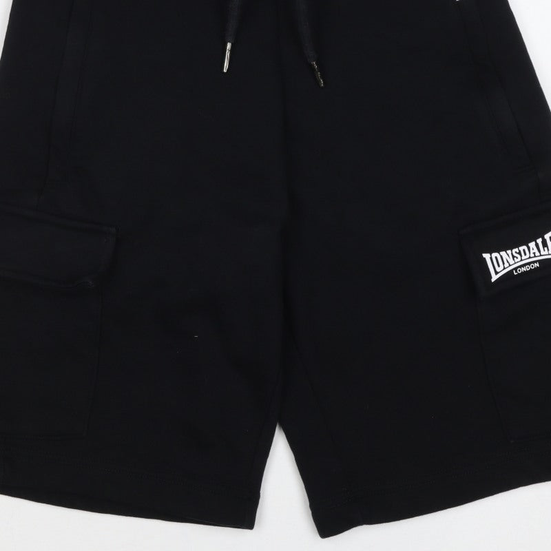 Lonsdale Men’s Black XS Cargo Sweat Shorts Drawstring Logo Pockets