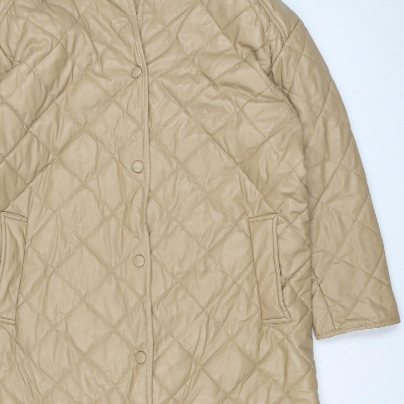 Zara Women Beige UK 14 Long Quilted Padded Snap Jacket