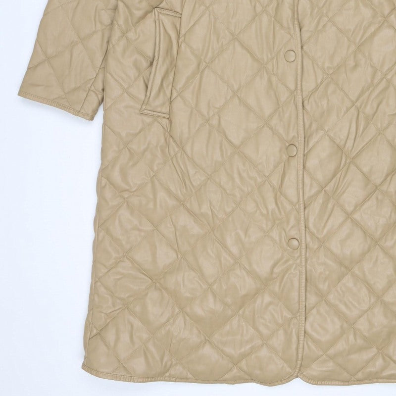 Zara Women Beige UK 14 Long Quilted Padded Snap Jacket