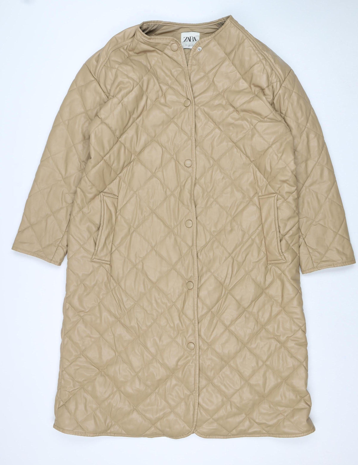 Zara Women Beige UK 14 Long Quilted Padded Snap Jacket