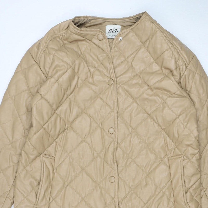 Zara Women Beige UK 14 Long Quilted Padded Snap Jacket